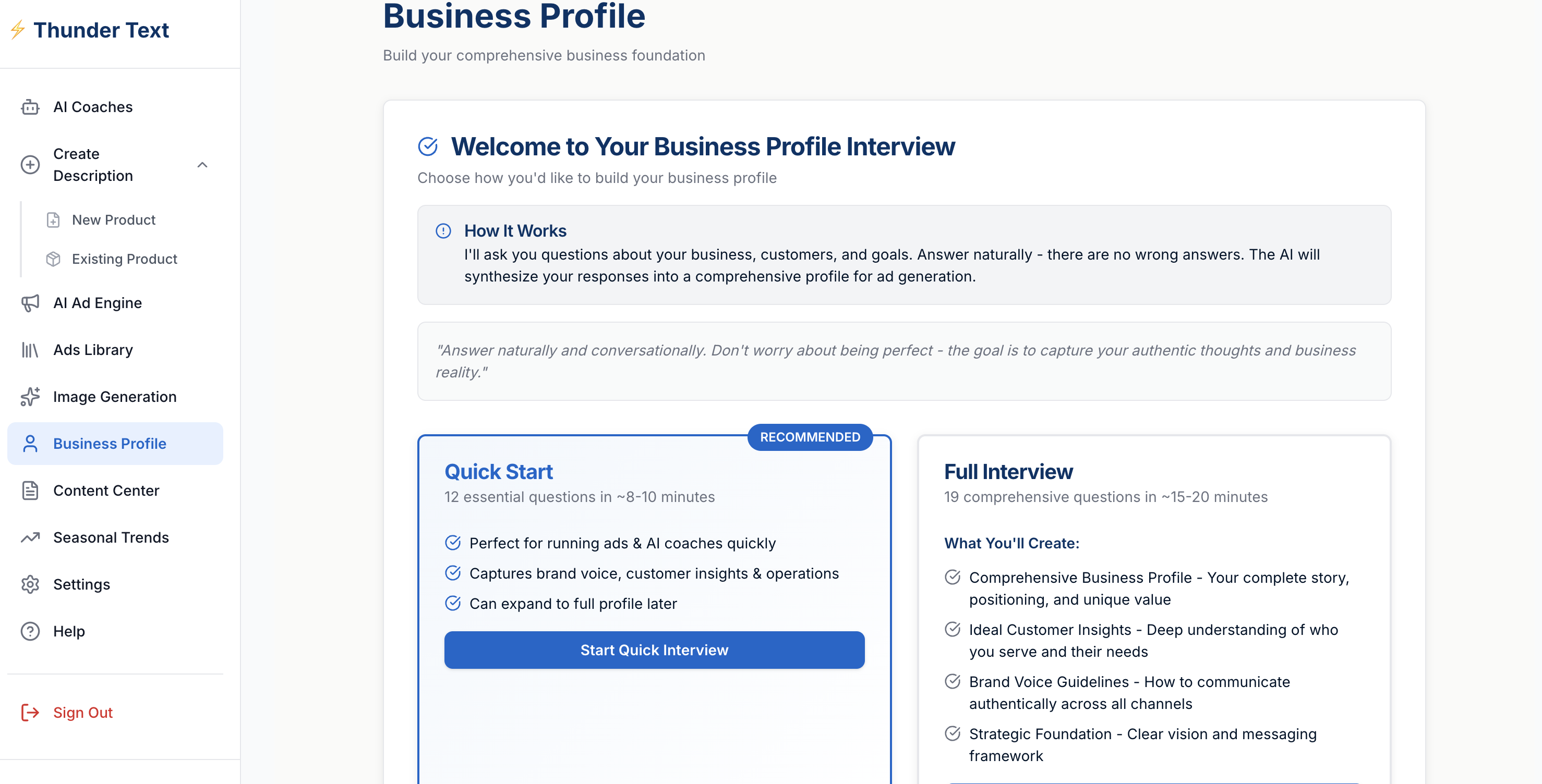 Thunder Text Business Profile Builder - 21-question interview generating comprehensive business documents
